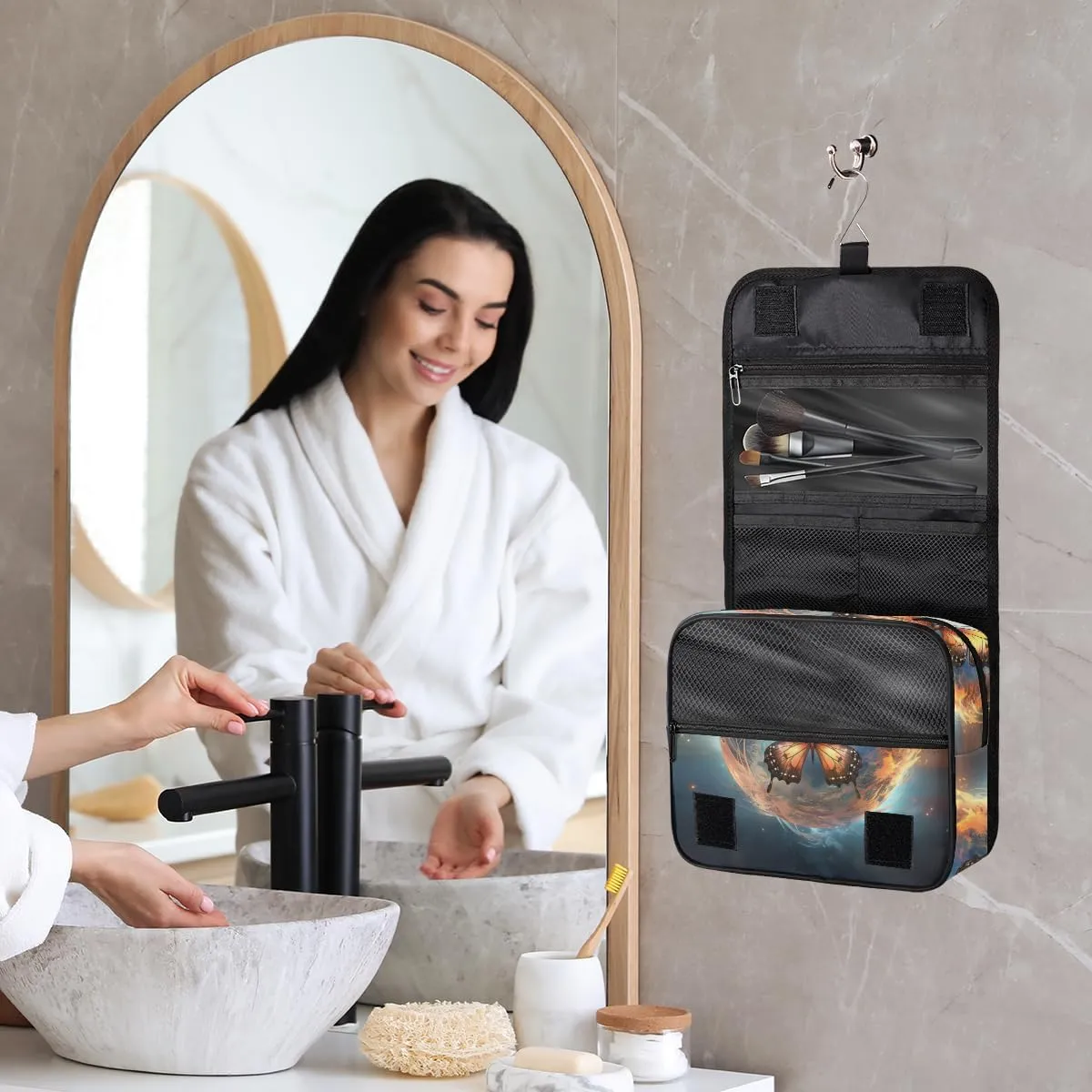 Hanging Toiletry Bag for Women & Men Small Travel Makeup Skincare Necessaire Organizer Kit Cosmetic Bags Waterproof Shower Pouch Expandable Compartments Beautiful Animal Butterfly Galaxy