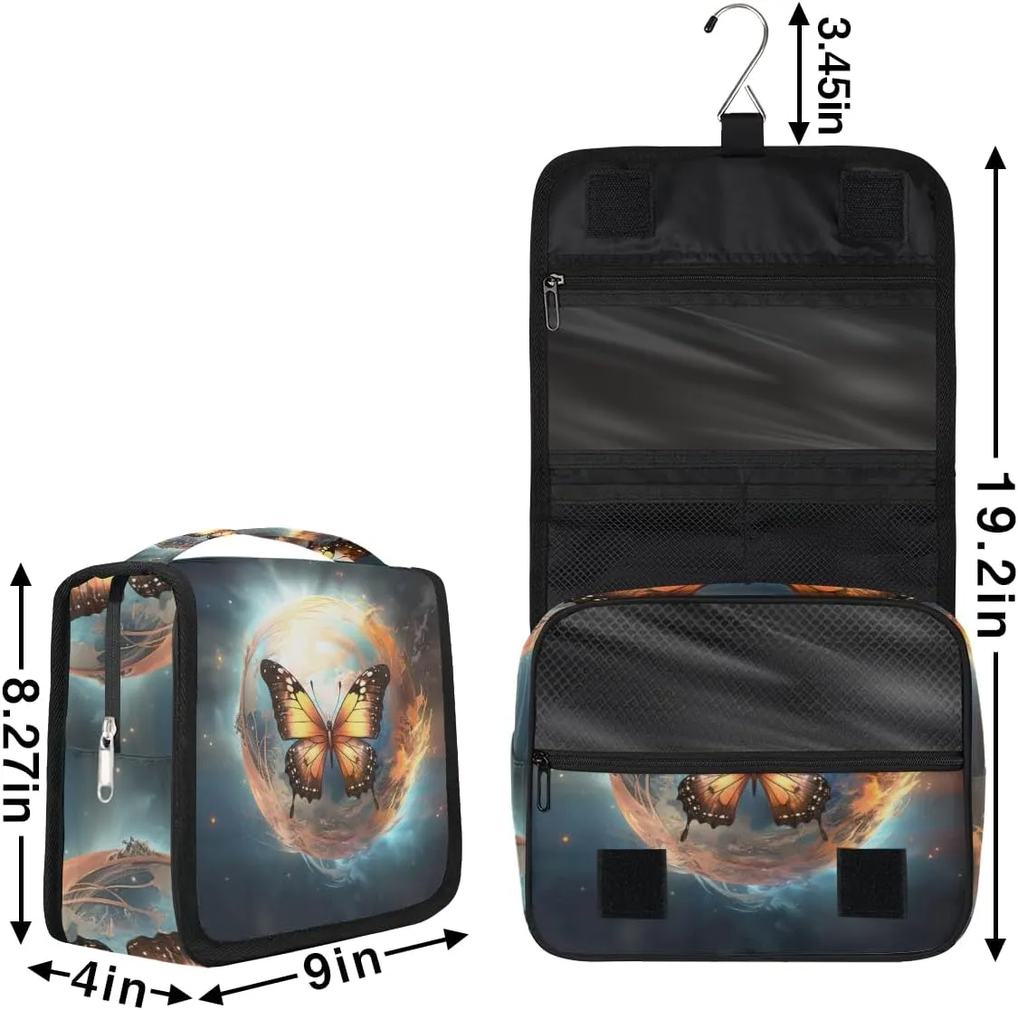 Hanging Toiletry Bag for Women & Men Small Travel Makeup Skincare Necessaire Organizer Kit Cosmetic Bags Waterproof Shower Pouch Expandable Compartments Beautiful Animal Butterfly Galaxy