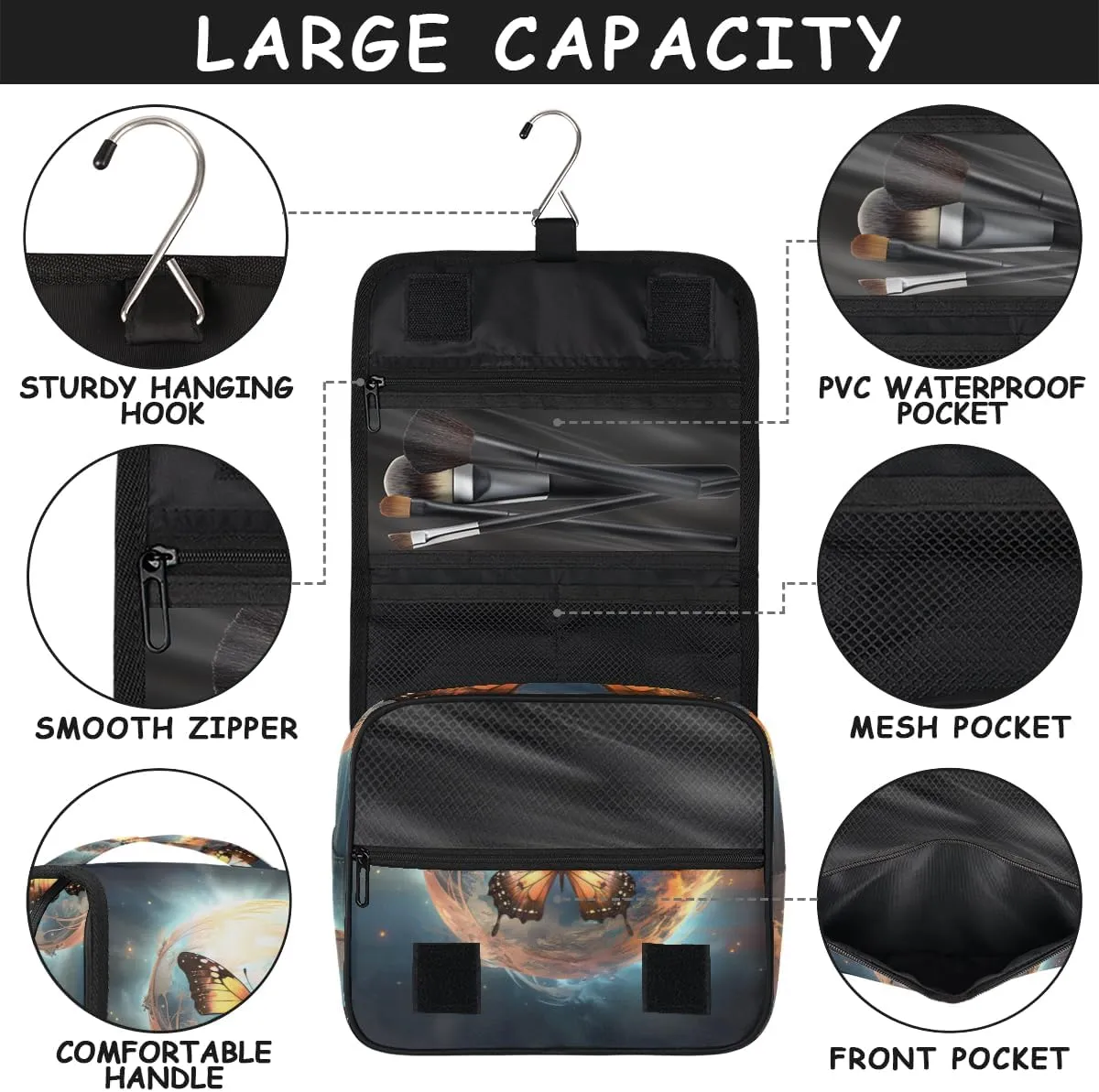 Hanging Toiletry Bag for Women & Men Small Travel Makeup Skincare Necessaire Organizer Kit Cosmetic Bags Waterproof Shower Pouch Expandable Compartments Beautiful Animal Butterfly Galaxy