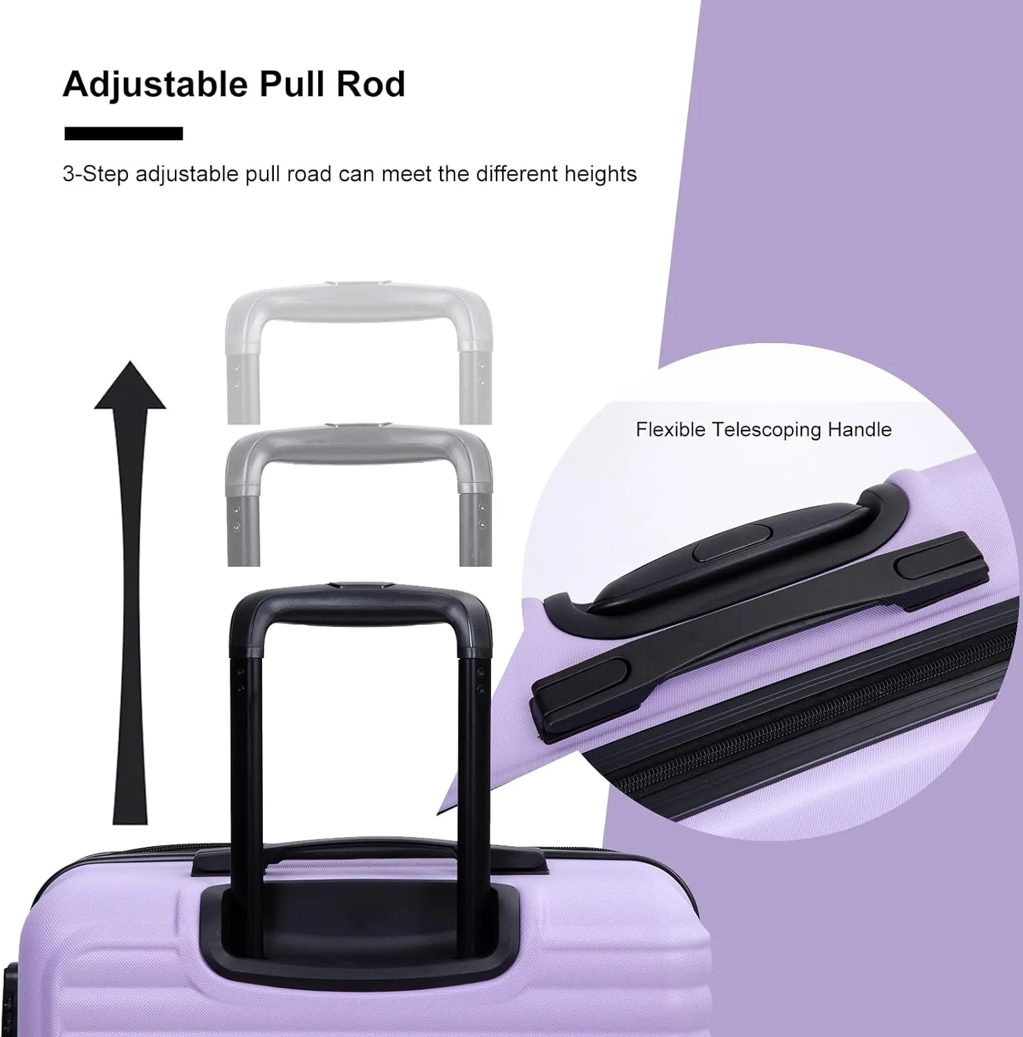 Hardshell Luggage Sets 3 Piece,Rolling Suitcases with Wheels,Travel Suitcase&Hard Shell Suitcases with Adjustable Pull Rod,Two Hooks,TSA Lock,Lightweight,Carry-On ABS (20/24/28) (Lavender Purple)