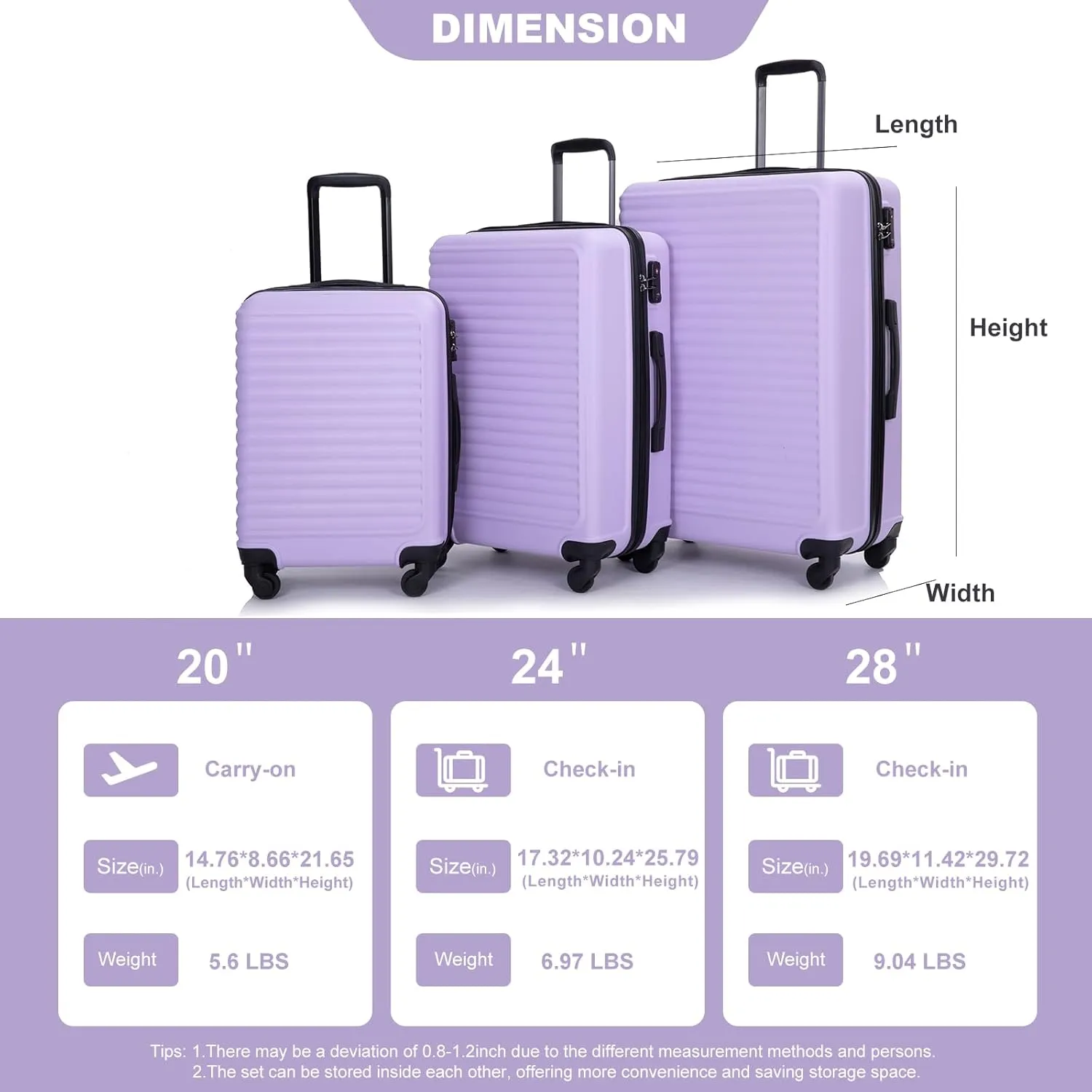 Hardshell Luggage Sets 3 Piece,Rolling Suitcases with Wheels,Travel Suitcase&Hard Shell Suitcases with Adjustable Pull Rod,Two Hooks,TSA Lock,Lightweight,Carry-On ABS (20/24/28) (Lavender Purple)