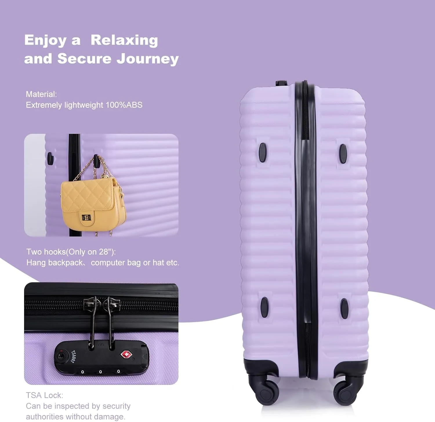 Hardshell Luggage Sets 3 Piece,Rolling Suitcases with Wheels,Travel Suitcase&Hard Shell Suitcases with Adjustable Pull Rod,Two Hooks,TSA Lock,Lightweight,Carry-On ABS (20/24/28) (Lavender Purple)
