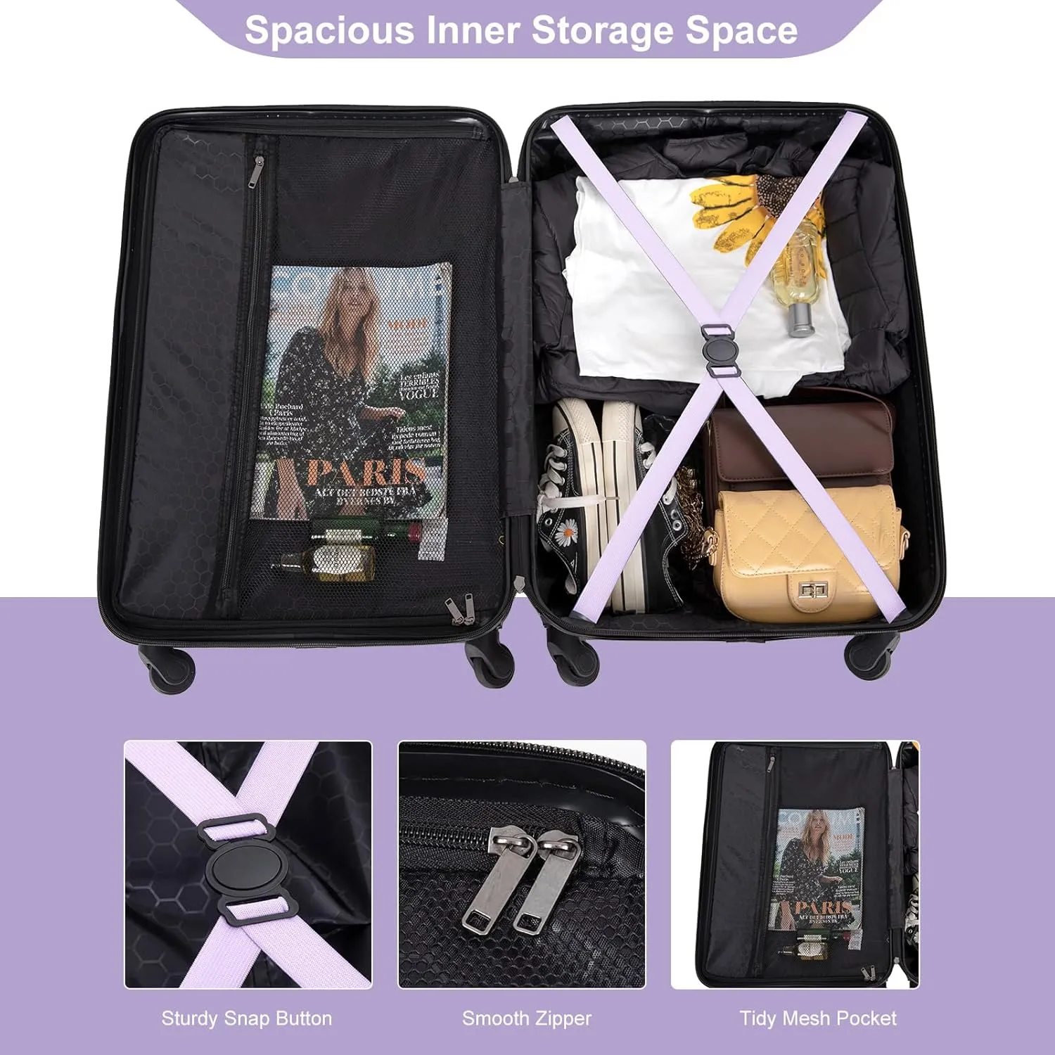 Hardshell Luggage Sets 3 Piece,Rolling Suitcases with Wheels,Travel Suitcase&Hard Shell Suitcases with Adjustable Pull Rod,Two Hooks,TSA Lock,Lightweight,Carry-On ABS (20/24/28) (Lavender Purple)