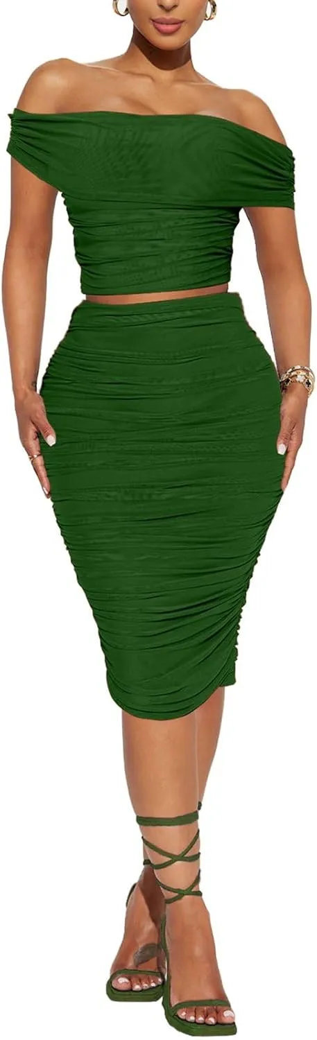 HESUUIO Women's Sexy Two Piece Skirt Set Mesh Off Shoulder Bodycon Ruched Midi Cocktail Party Dress Club Outfit
