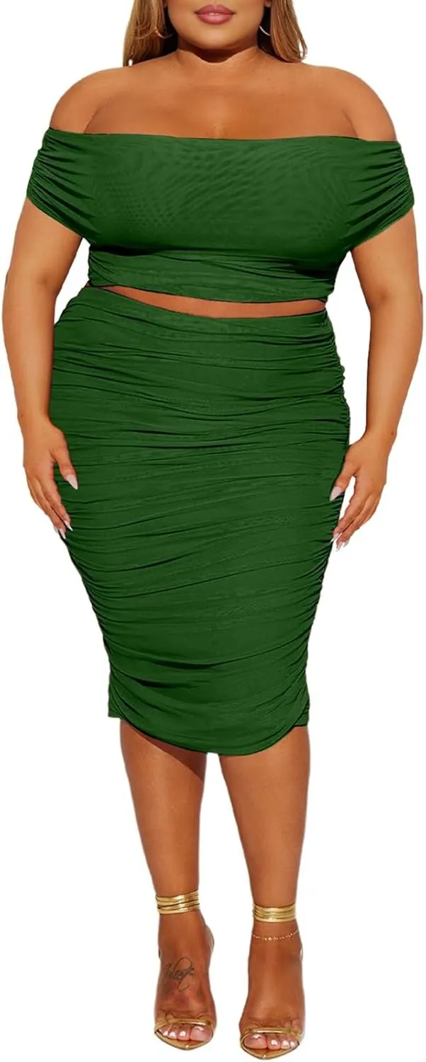 HESUUIO Women's Sexy Two Piece Skirt Set Mesh Off Shoulder Bodycon Ruched Midi Cocktail Party Dress Club Outfit