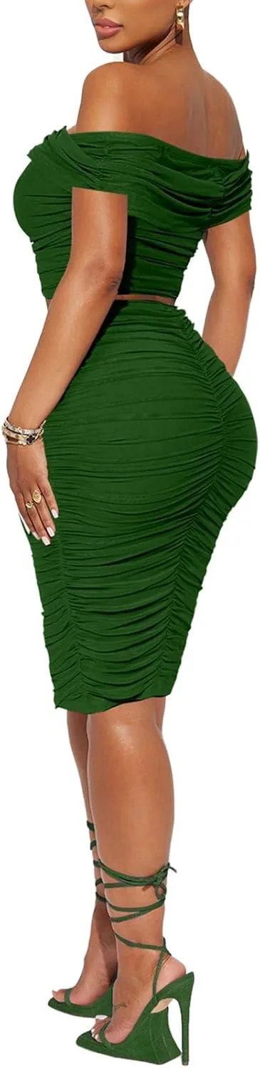 HESUUIO Women's Sexy Two Piece Skirt Set Mesh Off Shoulder Bodycon Ruched Midi Cocktail Party Dress Club Outfit