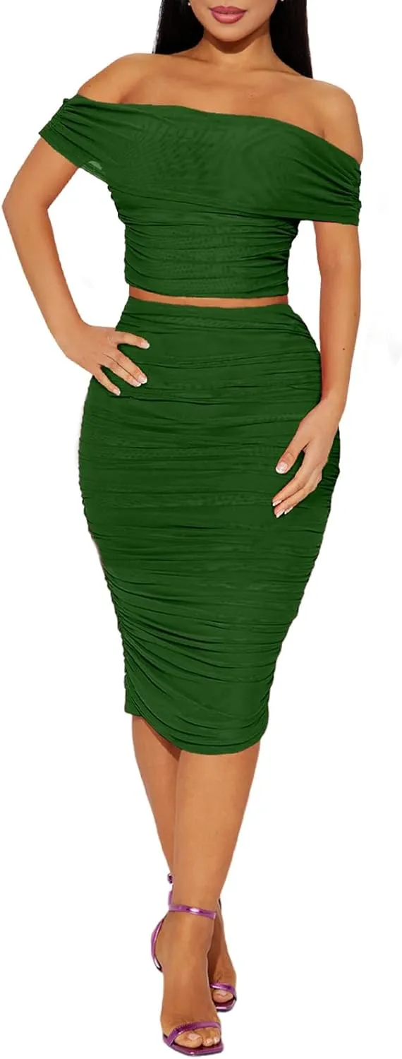 HESUUIO Women's Sexy Two Piece Skirt Set Mesh Off Shoulder Bodycon Ruched Midi Cocktail Party Dress Club Outfit