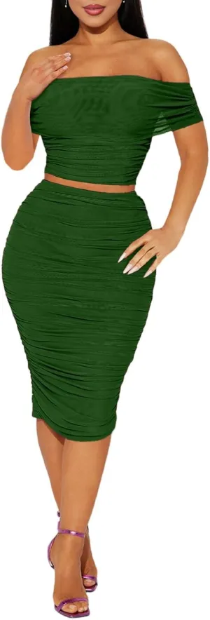 HESUUIO Women's Sexy Two Piece Skirt Set Mesh Off Shoulder Bodycon Ruched Midi Cocktail Party Dress Club Outfit