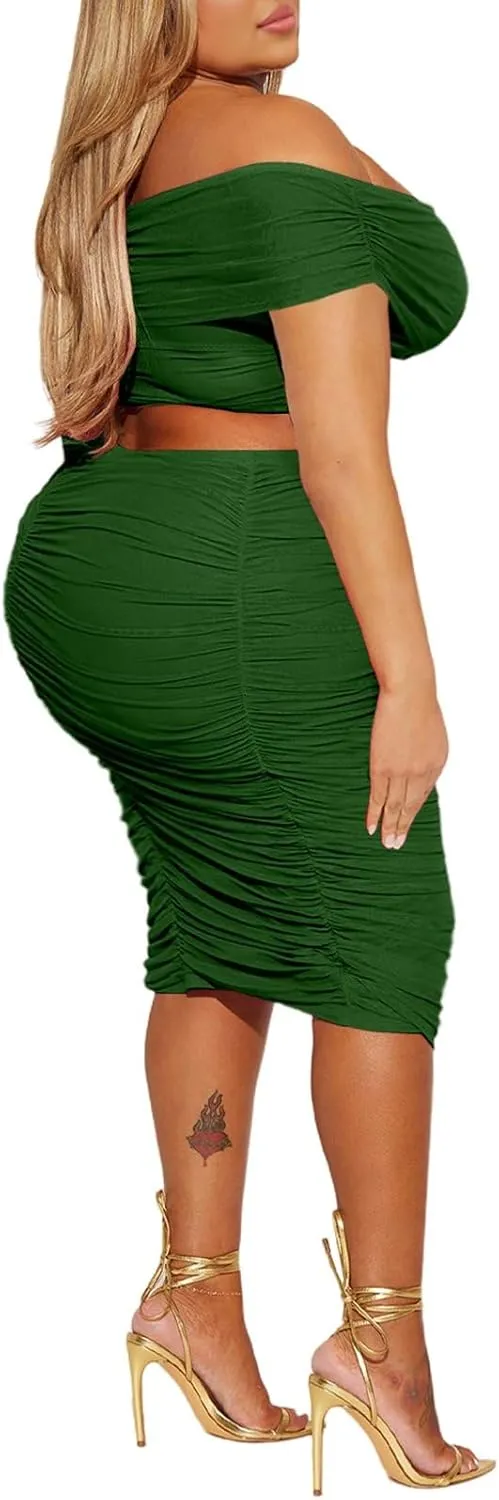 HESUUIO Women's Sexy Two Piece Skirt Set Mesh Off Shoulder Bodycon Ruched Midi Cocktail Party Dress Club Outfit