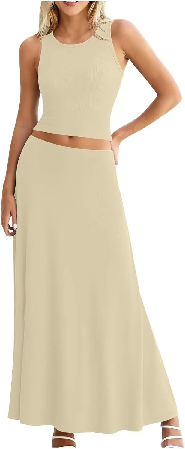 HGps8w Womens 2 Piece Outfits Knitted Casual Summer Fitted Cropped Tank Top with High Waisted Long Skirt Loungewear Sets