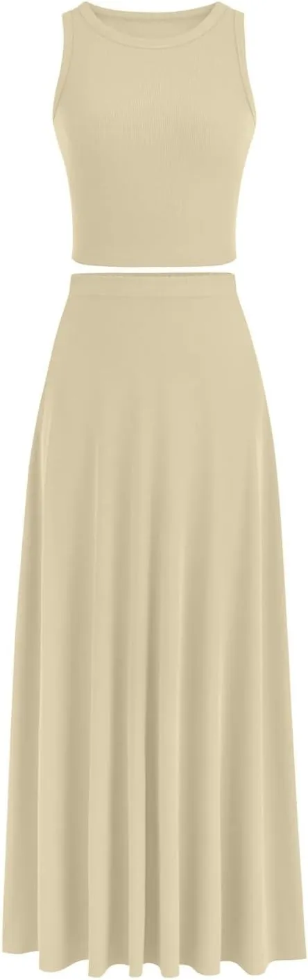 HGps8w Womens 2 Piece Outfits Knitted Casual Summer Fitted Cropped Tank Top with High Waisted Long Skirt Loungewear Sets