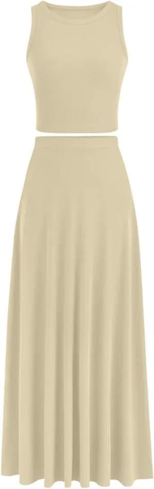 HGps8w Womens 2 Piece Outfits Knitted Casual Summer Fitted Cropped Tank Top with High Waisted Long Skirt Loungewear Sets