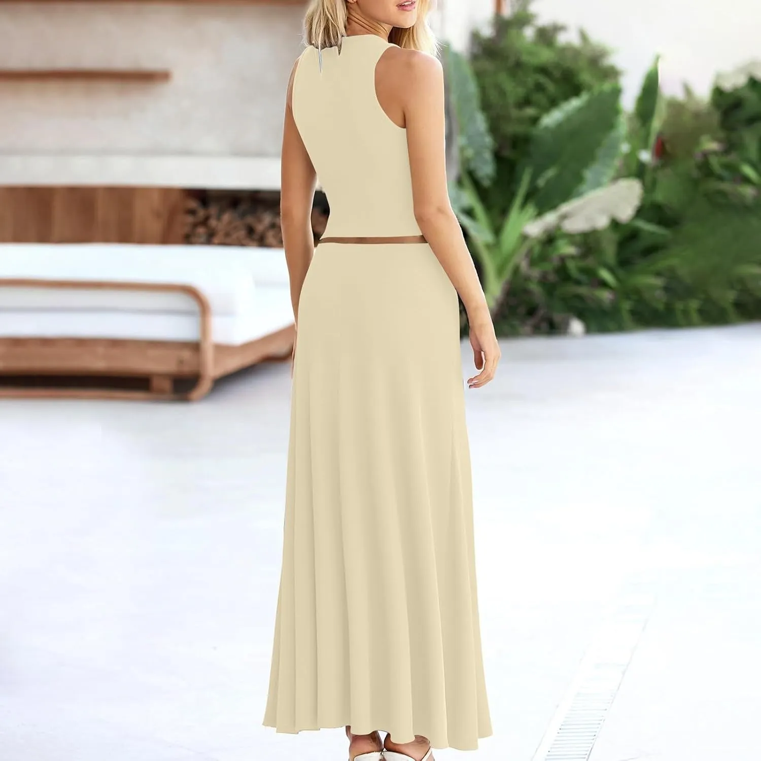 HGps8w Womens 2 Piece Outfits Knitted Casual Summer Fitted Cropped Tank Top with High Waisted Long Skirt Loungewear Sets