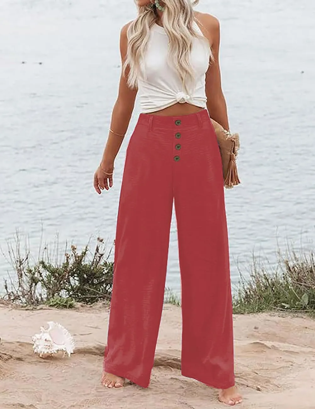 High Waisted Palazzo Wide Leg Flowy Dressy Pants for Women Business Casual Trousers with Pockets