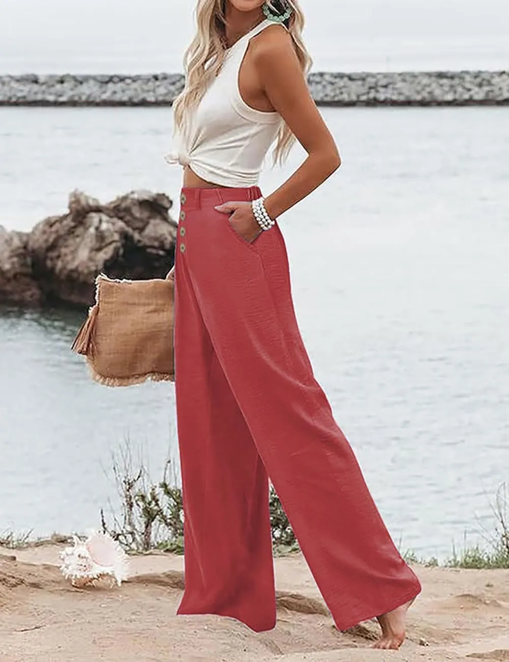 High Waisted Palazzo Wide Leg Flowy Dressy Pants for Women Business Casual Trousers with Pockets