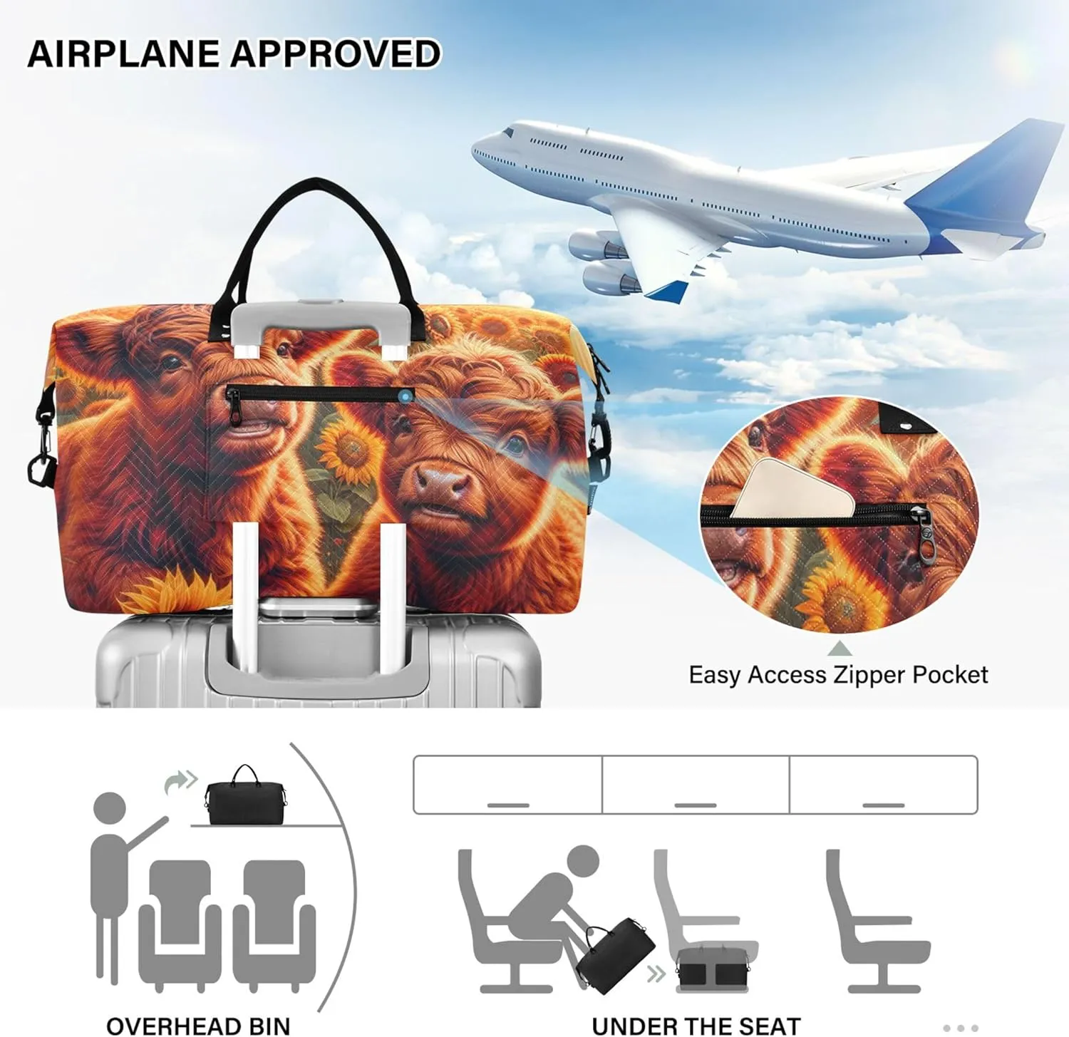 Highland Cow Sunflowers Duffle Bag Women Travel Toiletry Pouches Set of 2, Funny Gym Tote Bags Weekender Bag