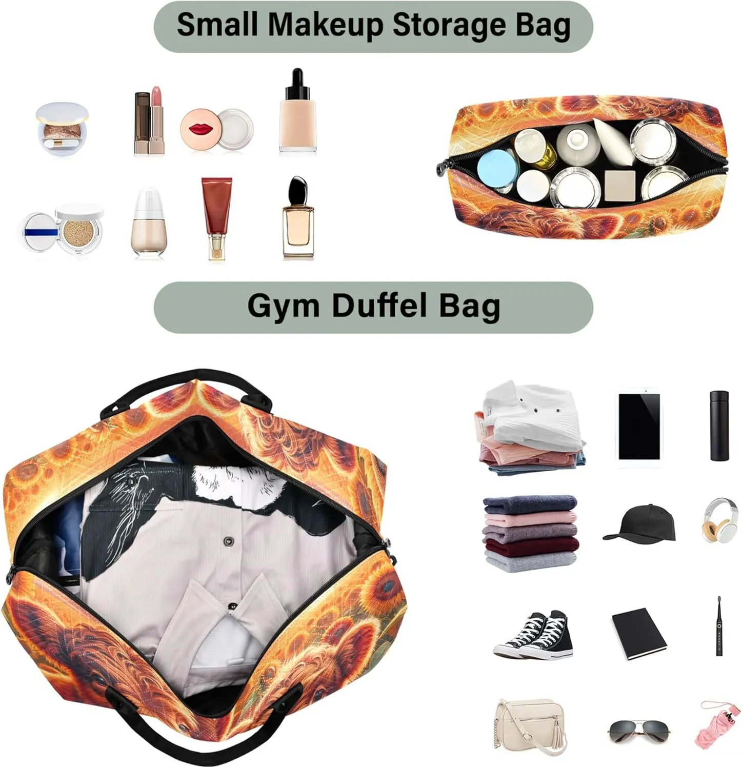 Highland Cow Sunflowers Duffle Bag Women Travel Toiletry Pouches Set of 2, Funny Gym Tote Bags Weekender Bag