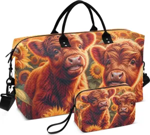 Highland Cow Sunflowers Duffle Bag Women Travel Toiletry Pouches Set of 2, Funny Gym Tote Bags Weekender Bag