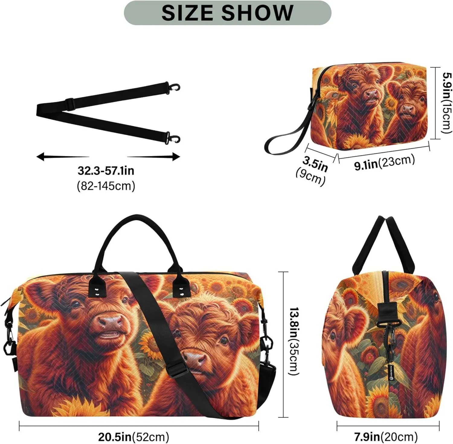 Highland Cow Sunflowers Duffle Bag Women Travel Toiletry Pouches Set of 2, Funny Gym Tote Bags Weekender Bag