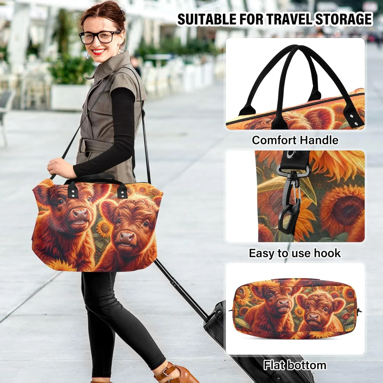 Highland Cow Sunflowers Duffle Bag Women Travel Toiletry Pouches Set of 2, Funny Gym Tote Bags Weekender Bag