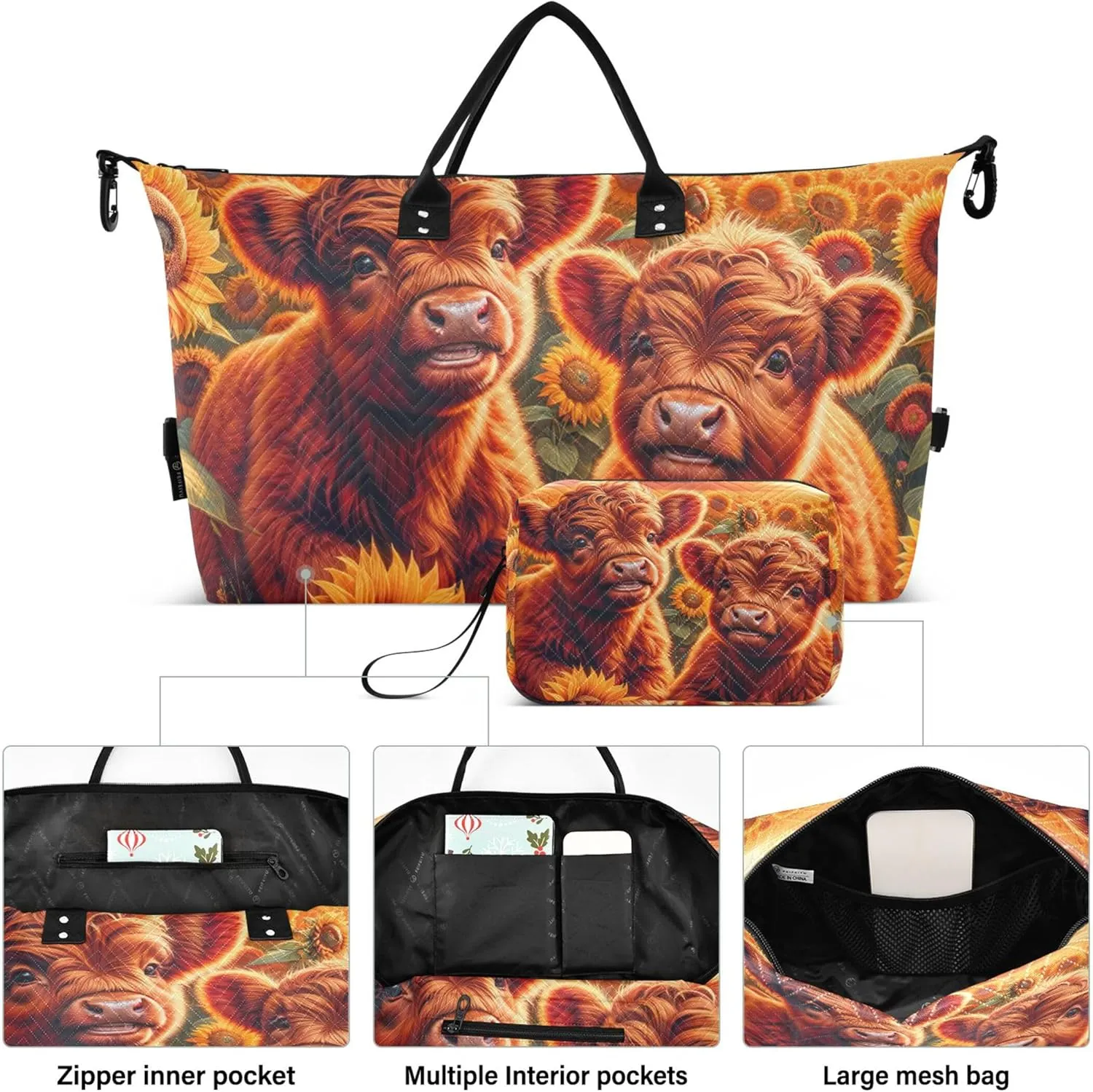 Highland Cow Sunflowers Duffle Bag Women Travel Toiletry Pouches Set of 2, Funny Gym Tote Bags Weekender Bag