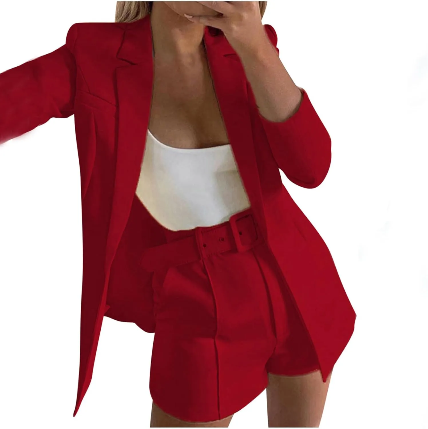 hlysgo 2 Piece Outfits for Women Long Sleeve Solid Open Front Blazer Shorts with Belt Business Casual Elegant Suit Sets