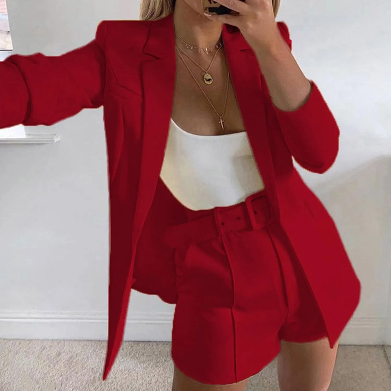 hlysgo 2 Piece Outfits for Women Long Sleeve Solid Open Front Blazer Shorts with Belt Business Casual Elegant Suit Sets
