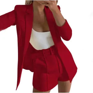 hlysgo 2 Piece Outfits for Women Long Sleeve Solid Open Front Blazer Shorts with Belt Business Casual Elegant Suit Sets