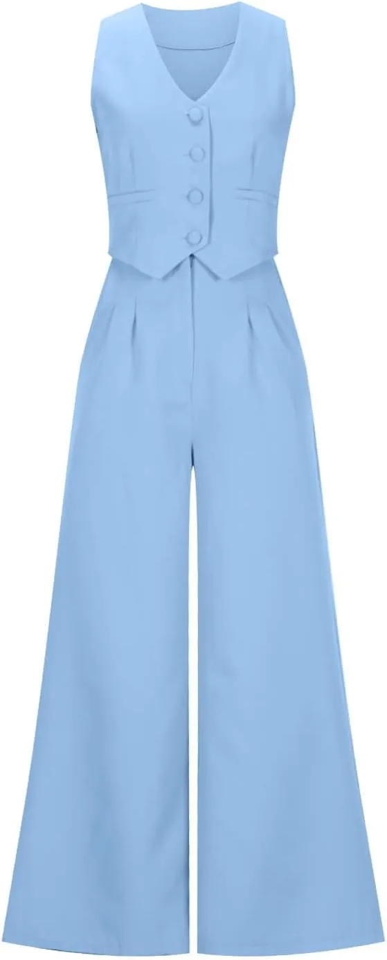 hlysgo Blazer Sets Women 2 Piece Outfits Business Casual Sleeveless Crop Blazer Vest & Wide-Leg Pants Ladies Office Work Set