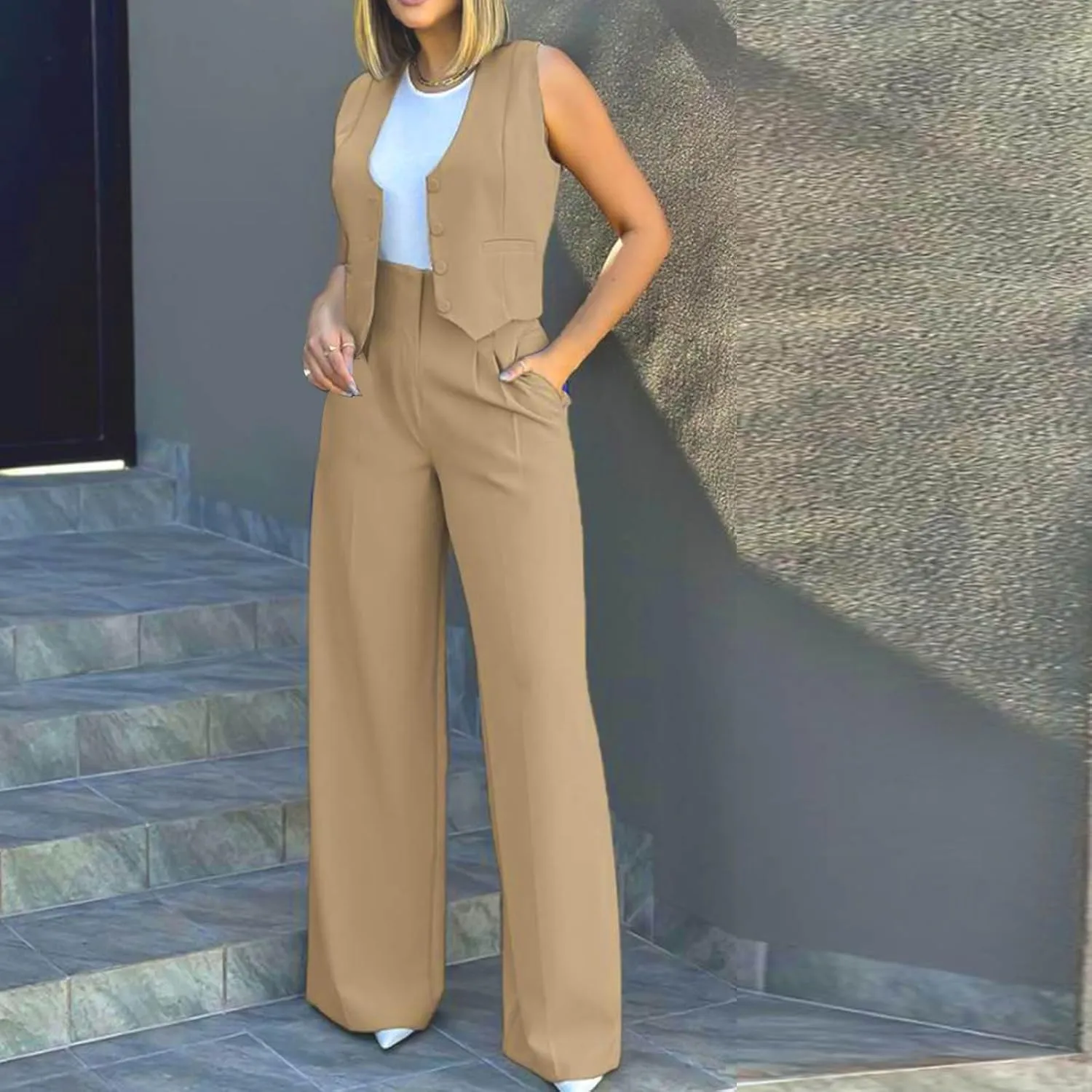 hlysgo Blazer Sets Women 2 Piece Outfits Business Casual Sleeveless Crop Blazer Vest & Wide-Leg Pants Ladies Office Work Set