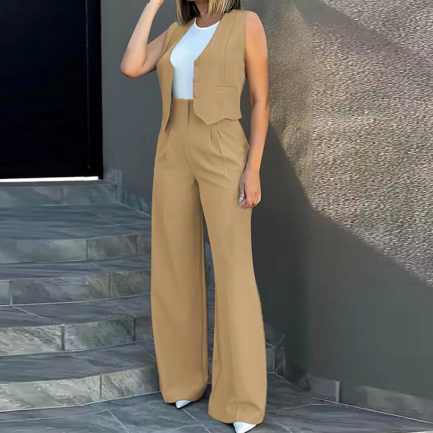 hlysgo Blazer Sets Women 2 Piece Outfits Business Casual Sleeveless Crop Blazer Vest & Wide-Leg Pants Ladies Office Work Set