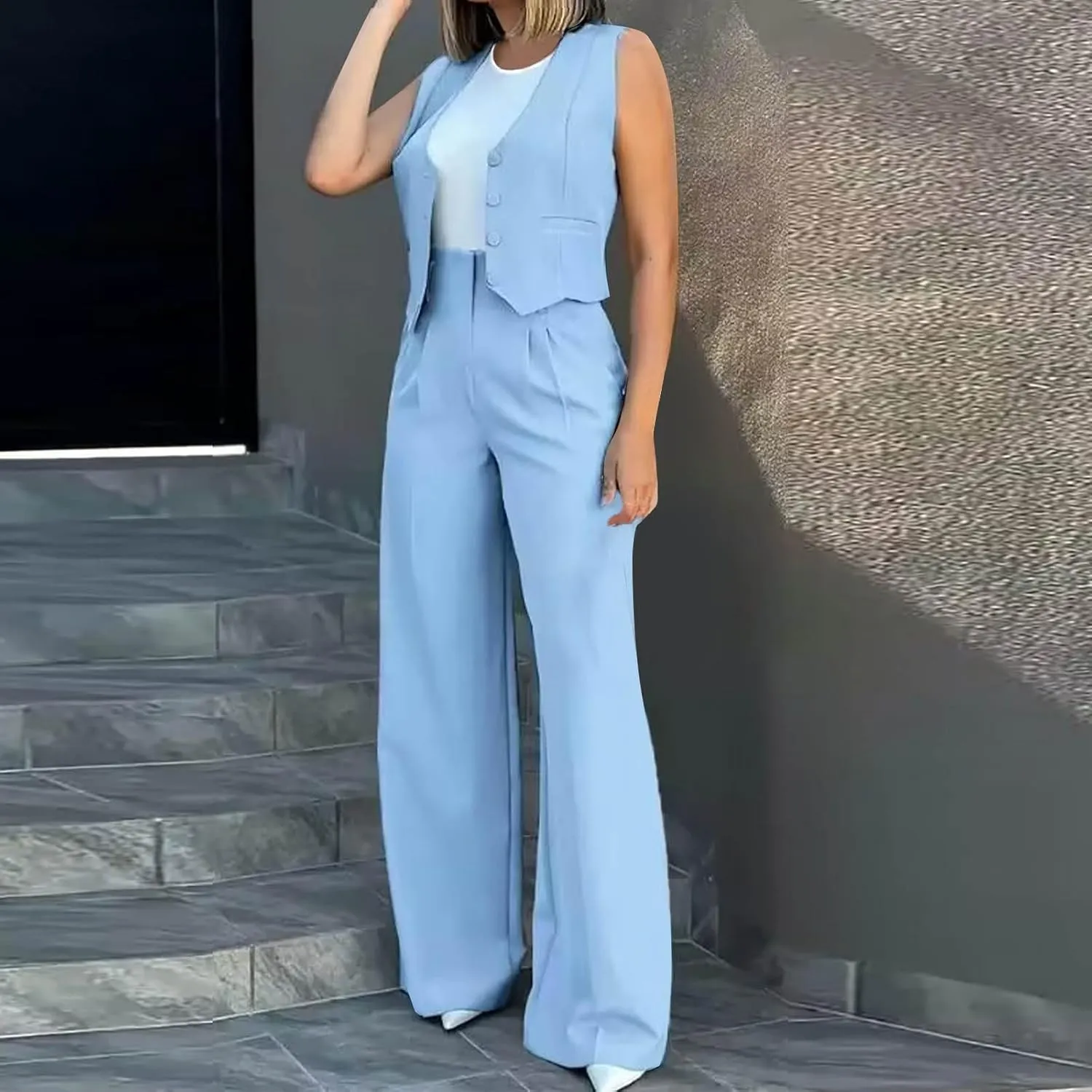 hlysgo Blazer Sets Women 2 Piece Outfits Business Casual Sleeveless Crop Blazer Vest & Wide-Leg Pants Ladies Office Work Set