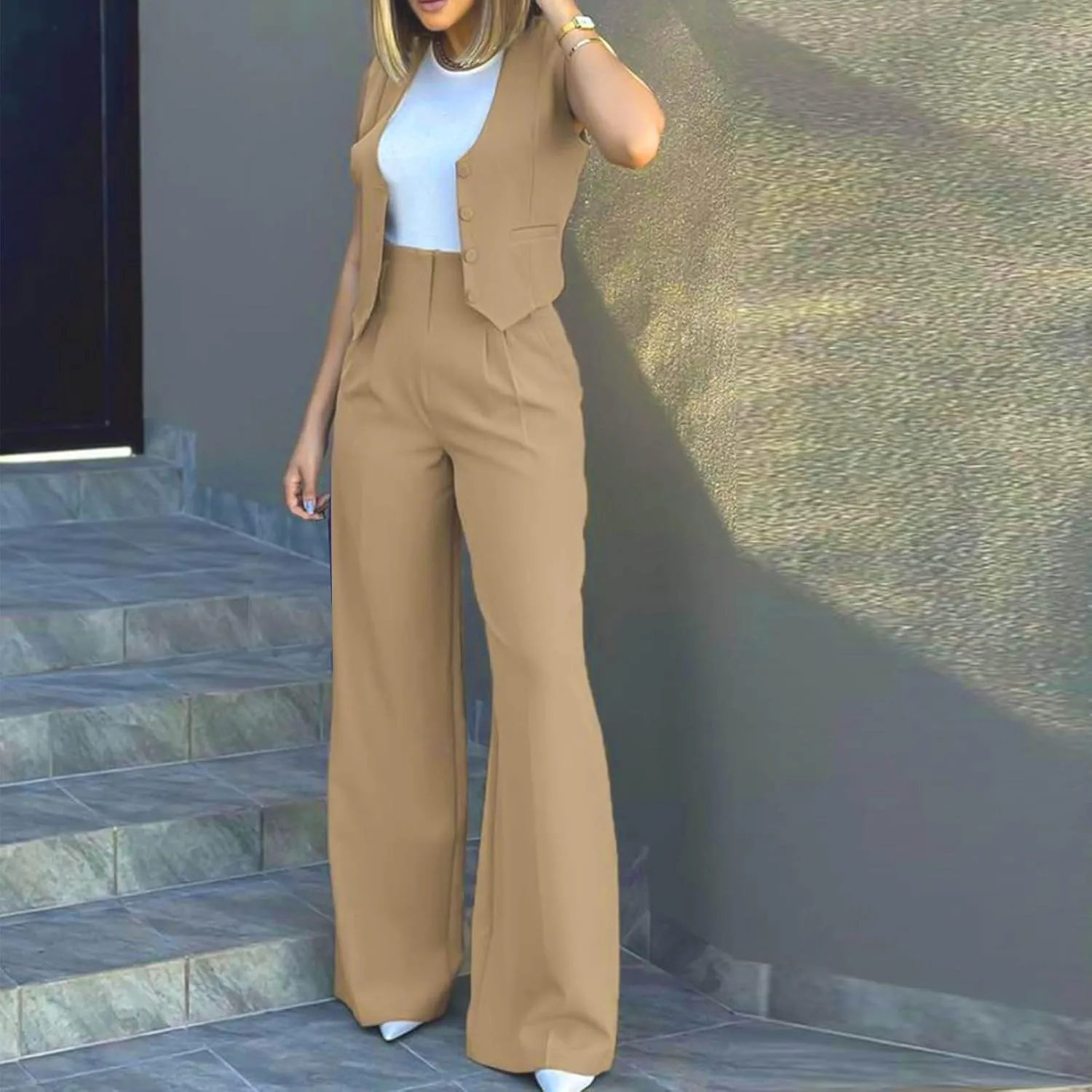 hlysgo Blazer Sets Women 2 Piece Outfits Business Casual Sleeveless Crop Blazer Vest & Wide-Leg Pants Ladies Office Work Set
