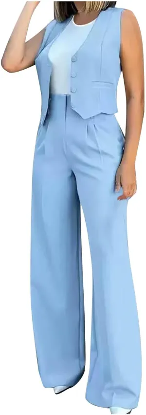 hlysgo Blazer Sets Women 2 Piece Outfits Business Casual Sleeveless Crop Blazer Vest & Wide-Leg Pants Ladies Office Work Set