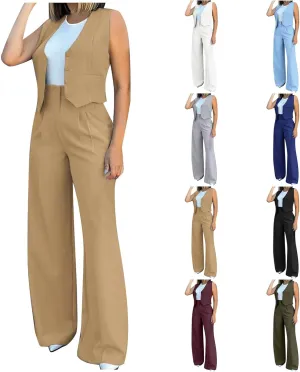 hlysgo Blazer Sets Women 2 Piece Outfits Business Casual Sleeveless Crop Blazer Vest & Wide-Leg Pants Ladies Office Work Set
