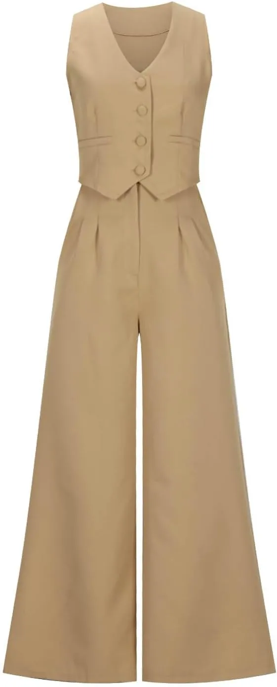 hlysgo Blazer Sets Women 2 Piece Outfits Business Casual Sleeveless Crop Blazer Vest & Wide-Leg Pants Ladies Office Work Set