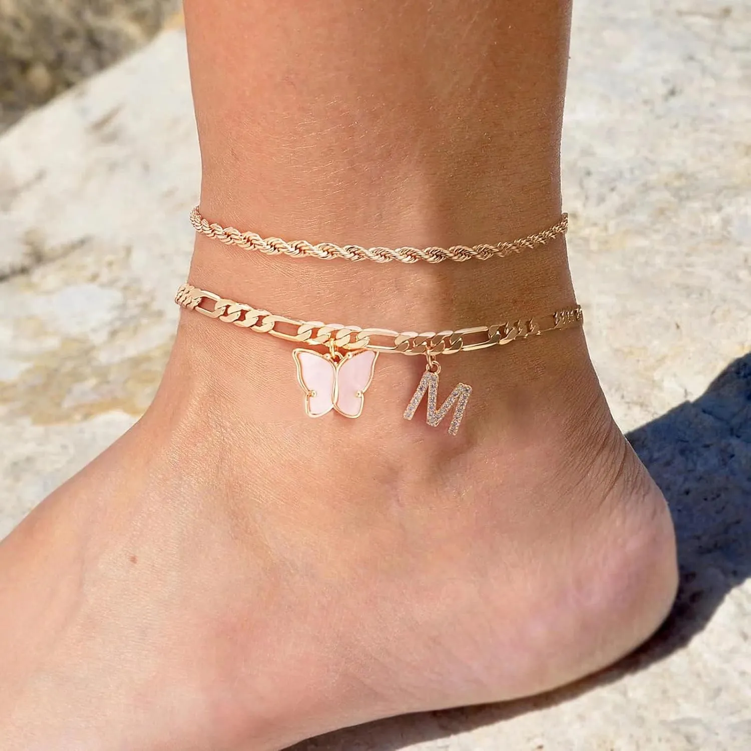Initial Ankle Bracelets for Women 18K Gold Plated Cuban Layered Twists Anklets Gold Butterfly Initial Anklets Set Gold Jewelry Girls Women's Anklets A-Z