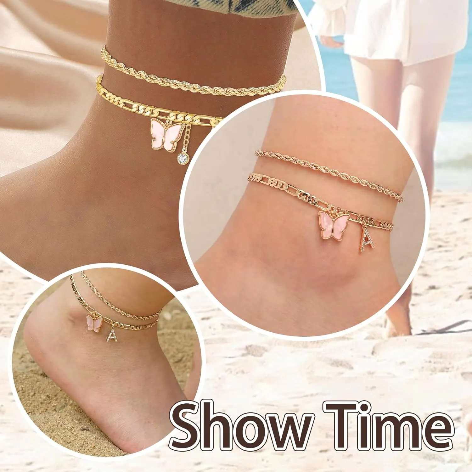 Initial Ankle Bracelets for Women 18K Gold Plated Cuban Layered Twists Anklets Gold Butterfly Initial Anklets Set Gold Jewelry Girls Women's Anklets A-Z