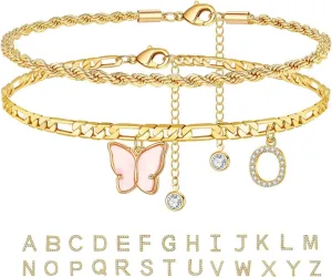 Initial Ankle Bracelets for Women 18K Gold Plated Cuban Layered Twists Anklets Gold Butterfly Initial Anklets Set Gold Jewelry Girls Women's Anklets A-Z