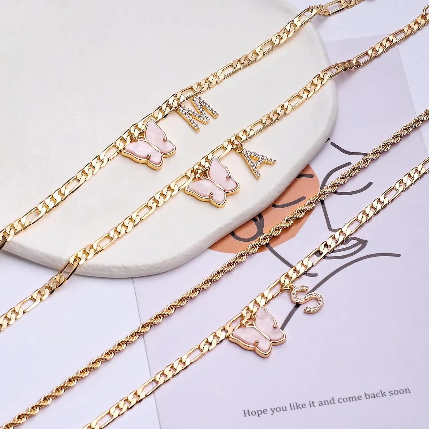 Initial Ankle Bracelets for Women 18K Gold Plated Cuban Layered Twists Anklets Gold Butterfly Initial Anklets Set Gold Jewelry Girls Women's Anklets A-Z