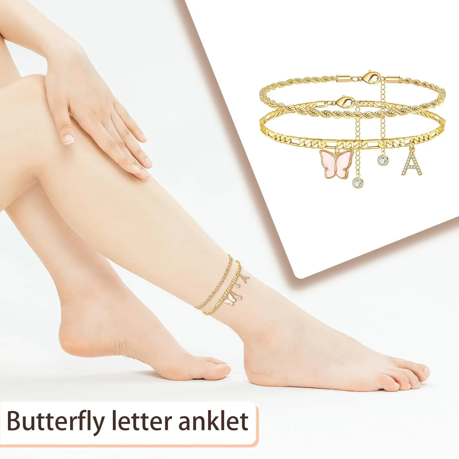 Initial Ankle Bracelets for Women 18K Gold Plated Cuban Layered Twists Anklets Gold Butterfly Initial Anklets Set Gold Jewelry Girls Women's Anklets A-Z