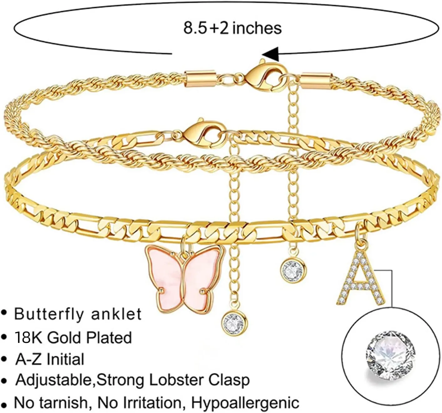 Initial Ankle Bracelets for Women 18K Gold Plated Cuban Layered Twists Anklets Gold Butterfly Initial Anklets Set Gold Jewelry Girls Women's Anklets A-Z