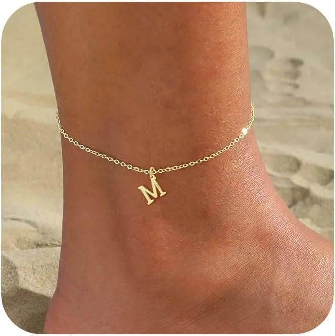Initial Anklet for Women 14K Gold Plated Waterproof Anklets Trendy Summer Beach A-Z Letter Ankle Bracelet Jewelry for Gift