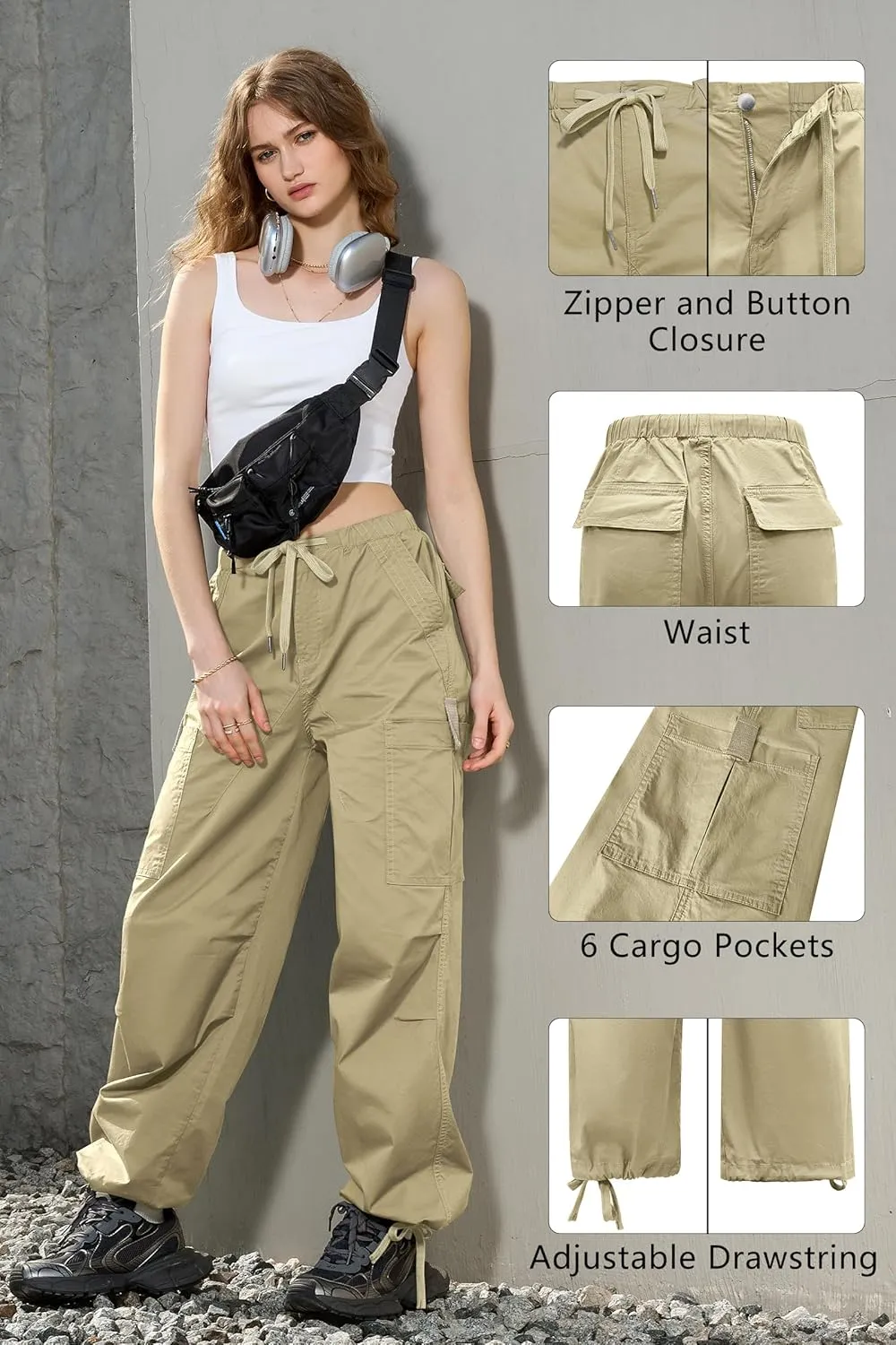 IVIR Cargo Pants Women Parachute Pants for Women Baggy High Waisted Pants with 6 Pockets Y2K Streetwear Joggers Trousers