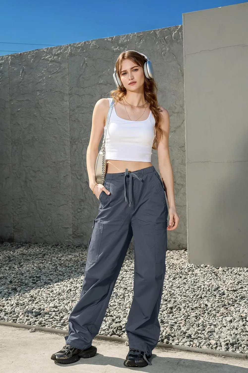 IVIR Cargo Pants Women Parachute Pants for Women Baggy High Waisted Pants with 6 Pockets Y2K Streetwear Joggers Trousers