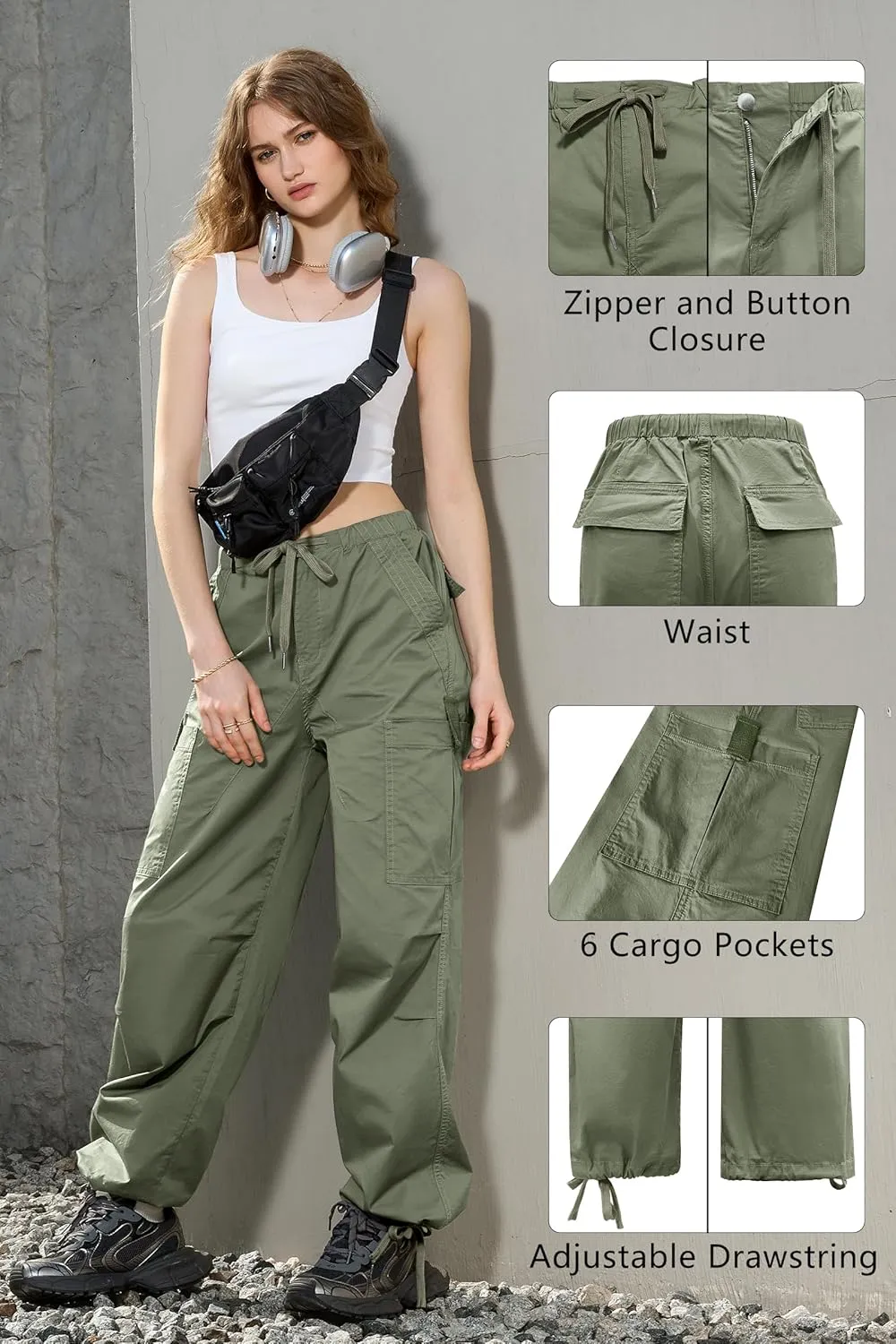 IVIR Cargo Pants Women Parachute Pants for Women Baggy High Waisted Pants with 6 Pockets Y2K Streetwear Joggers Trousers