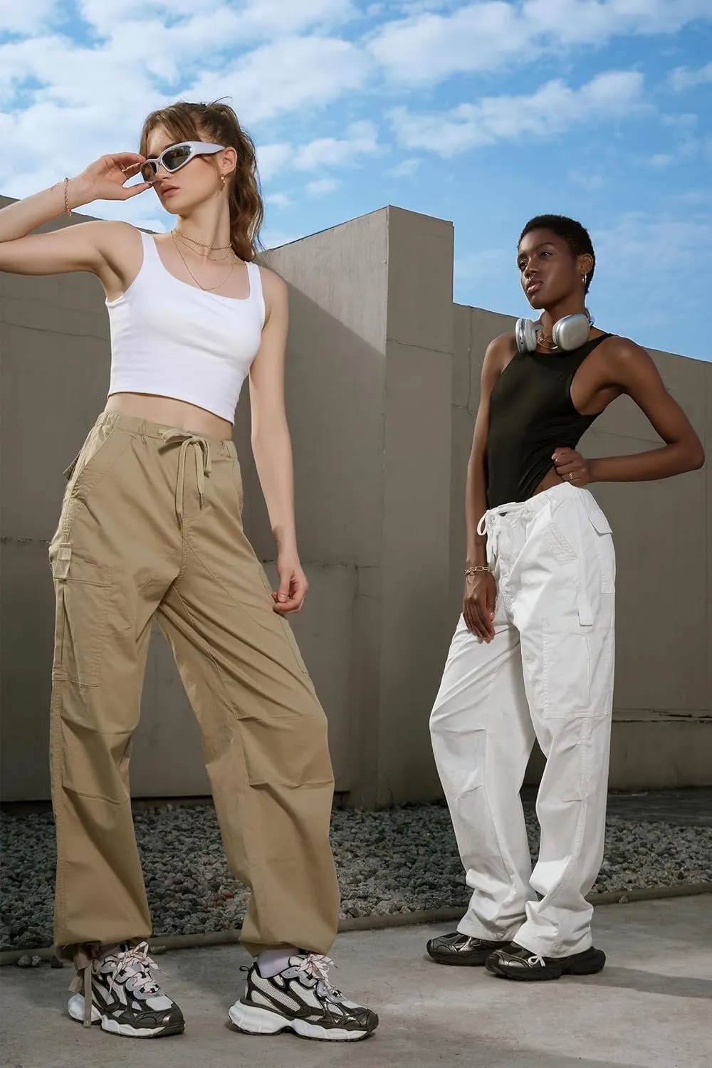 IVIR Cargo Pants Women Parachute Pants for Women Baggy High Waisted Pants with 6 Pockets Y2K Streetwear Joggers Trousers