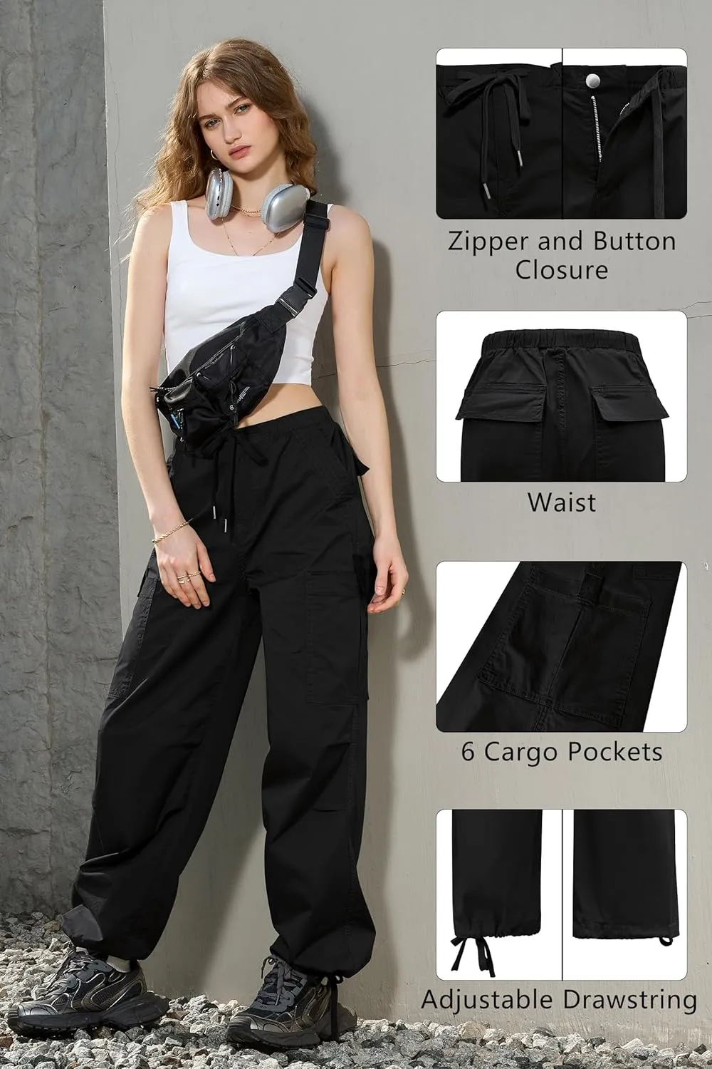IVIR Cargo Pants Women Parachute Pants for Women Baggy High Waisted Pants with 6 Pockets Y2K Streetwear Joggers Trousers