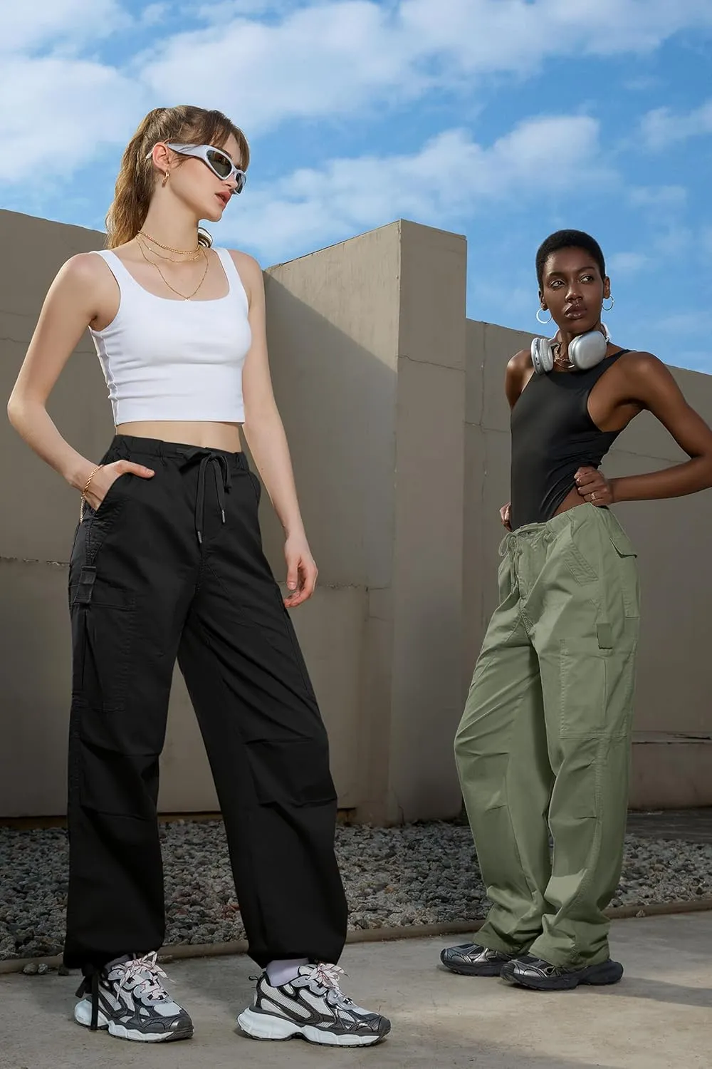 IVIR Cargo Pants Women Parachute Pants for Women Baggy High Waisted Pants with 6 Pockets Y2K Streetwear Joggers Trousers