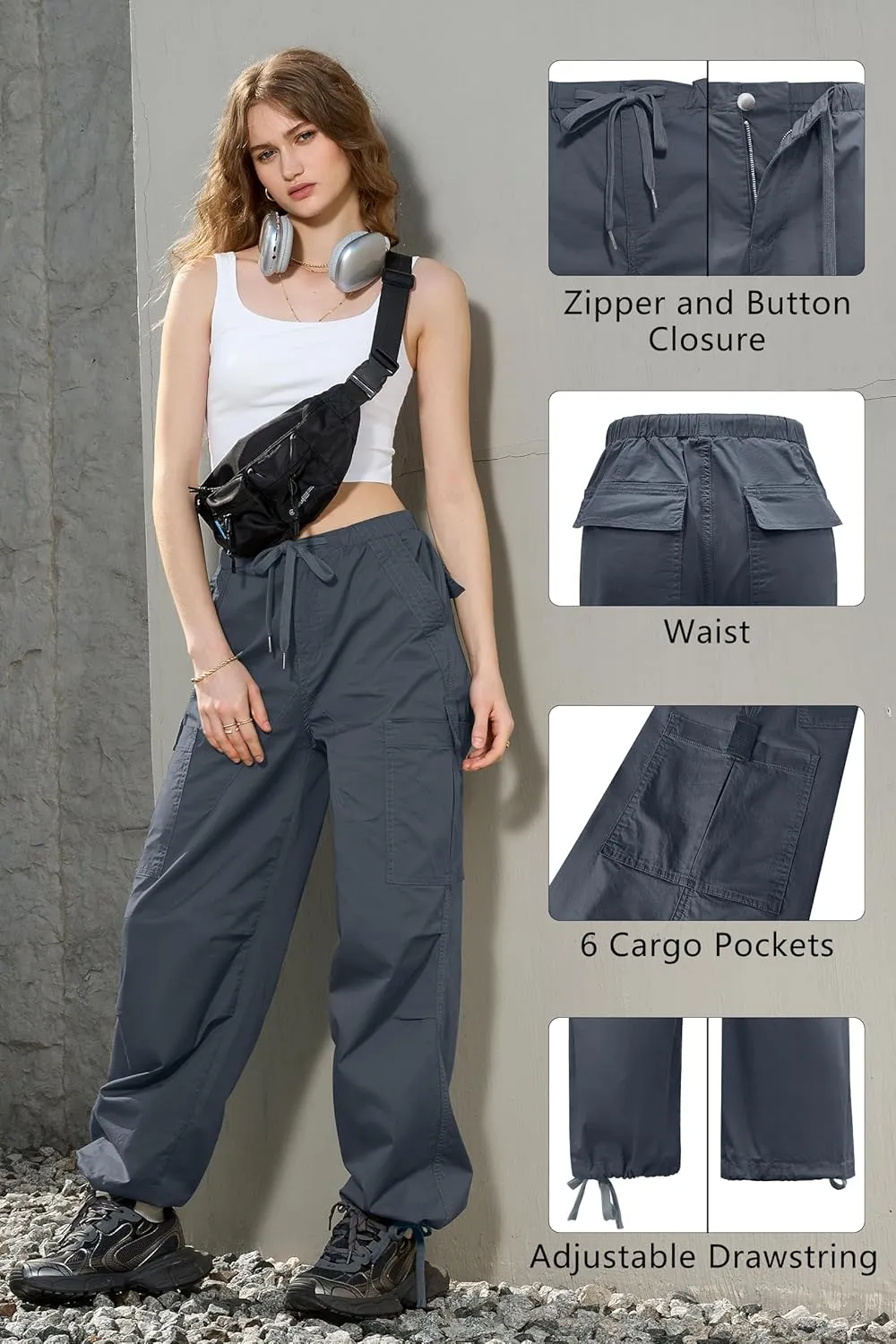 IVIR Cargo Pants Women Parachute Pants for Women Baggy High Waisted Pants with 6 Pockets Y2K Streetwear Joggers Trousers